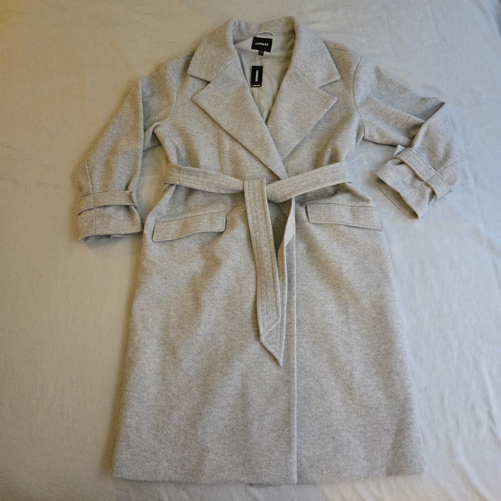 Express Belted Wrap Front Faux Wool Coat Light Gray HAL3 - Picture 4 of 16